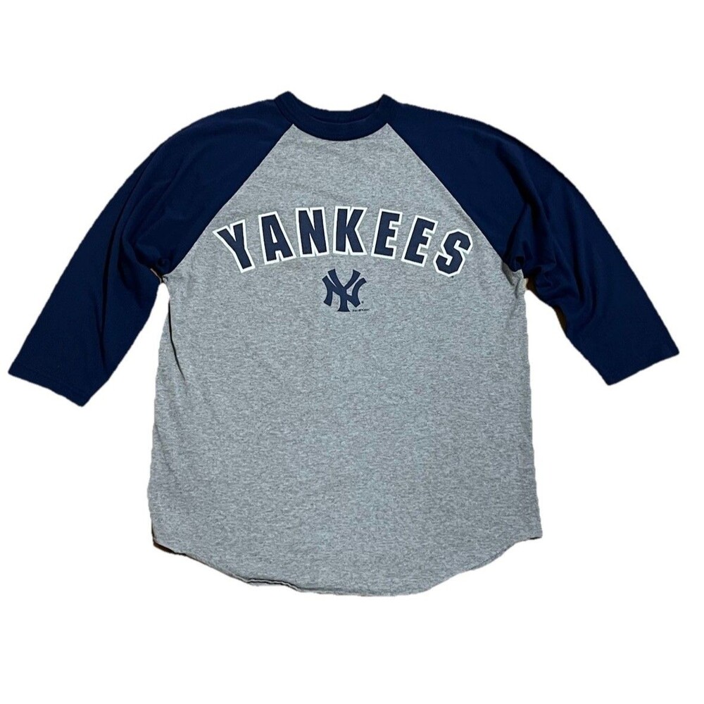 Vintage New York Yankees Baseball Tee 3/4 Sleeve Grey Navy Adult Large USA 2001